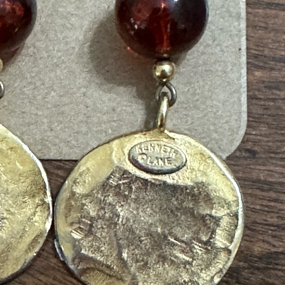 Kenneth J Lane Pierced Earrings Toffee Beads w Hammered Gold Tone Discs 2.25” - Picture 8 of 8